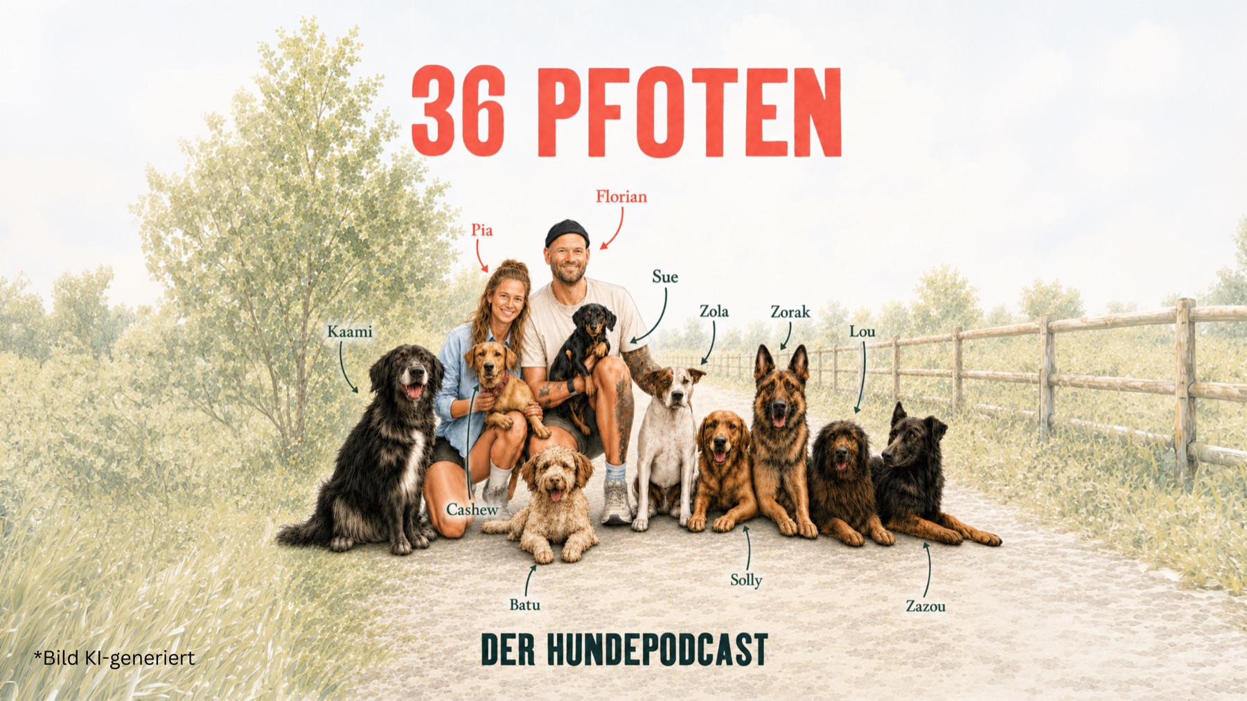 Pia und Florian mit ihren neun Hunden Kaami, Cashew, Batu, Sue, Zola, Zorak, Solly, Lou und Zazou