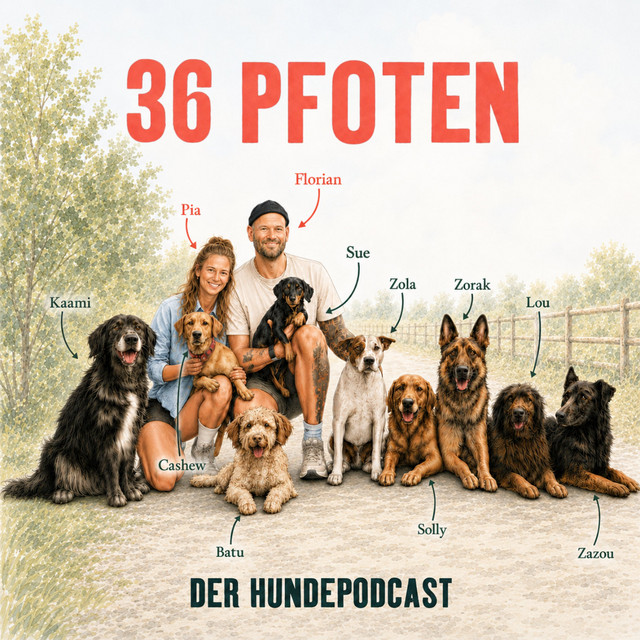 Podcast-Cover 36 Pfoten: Pia und Florian mit ihren neun Hunden